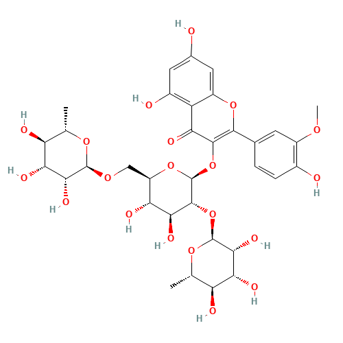5,7-Dihydroxy-2-(4-hydroxy-3-methoxyphenyl)-4-oxo-4H-chromen-3-yl 6-deoxy-a-L-mannopyranosyl-(1->2)-[6-deoxy-a-L-mannopyranosyl-(1->6)]-D-glucopyranoside (CAS: 104472-68-6) - Chemical Structure and Molecular Formula 