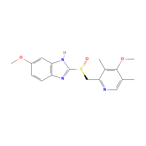 6-Methoxy-2-{(S)-[(4-methoxy-3,5-dimethyl-2-pyridinyl)methyl]sulfinyl}-1H-benzimidazole (CAS: 119141-88-7) - Chemical Structure and Molecular Formula 