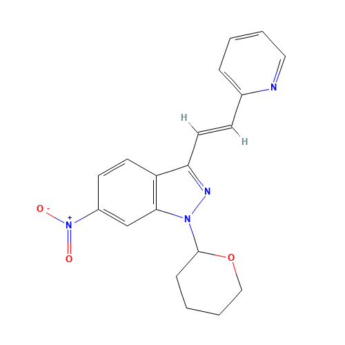 (E)-6-Nitro-3-[2-(pyridin-2-yl)ethenyl]-1-(tetrahydro-2H-pyran-2-yl)-1H-indazole (CAS: 886230-75-7) - Chemical Structure and Molecular Formula 