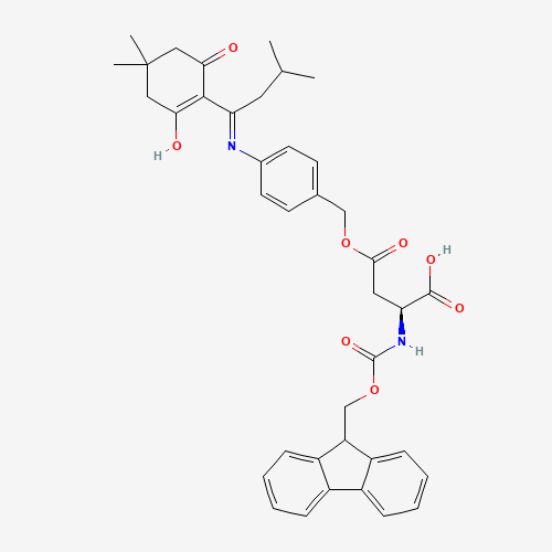 L-Aspartic acid, N-[(9H-fluoren-9-ylmethoxy)carbonyl]-, 4-[[4-[[1-(4,4-dimethyl-2,6-dioxocyclohexylidene)-3-methylbutyl]amino]phenyl]methyl] ester (CAS: 269066-08-2) - Chemical Structure and Molecular Formula 