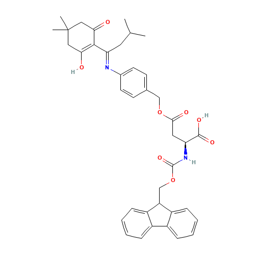 L-Aspartic acid, N-[(9H-fluoren-9-ylmethoxy)carbonyl]-, 4-[[4-[[1-(4,4-dimethyl-2,6-dioxocyclohexylidene)-3-methylbutyl]amino]phenyl]methyl] ester (CAS: 269066-08-2) - Chemical Structure and Molecular Formula 