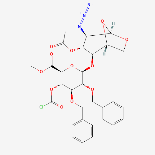 (2S,3S,4S,5R,6R)-Methyl 6-((1R,2S,3R,4R,5R)-3-acetoxy-4-azido-6,8-dioxabicyclo[3,2,1]octan-2-yloxy)-4,5-bis(benzyloxy)-3-(chlorocarbonyloxy)tetrahydro-2H-pyran-2-carboxylate (CAS: 87907-02-6) - Related Chemical Product