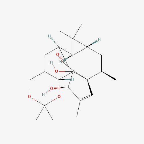 (6R)-6,6aβ,7aβ,8,9,12,12a,12bβ-Octahydro-12α,12aα-dihydroxy-2,2,7,7,9β,11-hexamethyl-7H-6β,9aβ-methano-4H-cyclopenta[9,10]cyclopropa[5,6]cyclodeca[1,2-d]-1,3-dioxin-13-one (CAS: 77573-43-4) - Chemical Structure and Molecular Formula 