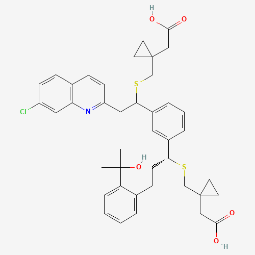 Cyclopropaneacetic acid, 1-[[[(1R)-1-[3-[1-[[[1-(carboxymethyl)cyclopropyl]methyl]thio]-2-(7-chloro-2-quinolinyl)ethyl]phenyl]-3-[2-(1-hydroxy-1-methylethyl)phenyl]propyl]thio (CAS: 1242260-05-4) - Chemical Structure and Molecular Formula 