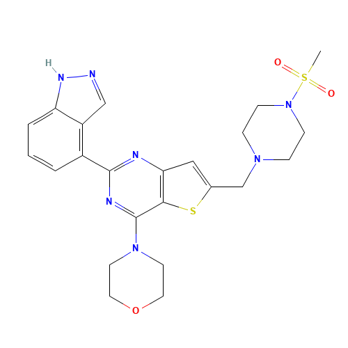 Thieno[3,2-d]pyrimidine, 2-(1H-indazol-4-yl)-6-[[4-(methylsulfonyl)-1-piperazinyl]methyl]-4-(4-morpholinyl)- (CAS: 957054-30-7) - Related Chemical Product