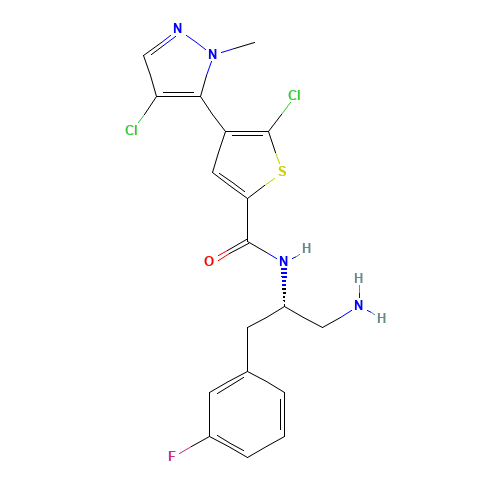 N-[(2S)-1-amino-3-(3-fluorophenyl)propan-2-yl]-5-chloro-4-(4-chloro-2-methylpyrazol-3-yl)thiophene-2-carboxamide (CAS: 1047644-62-1) - Chemical Structure and Molecular Formula 