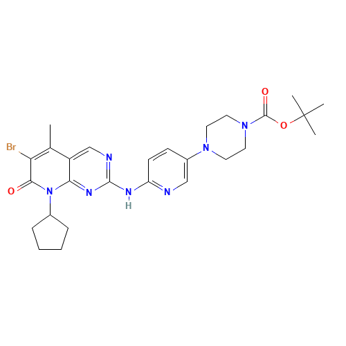 4-[6-(6-Bromo-8-cyclopentyl-5-methyl-7-oxo-7,8-dihydro-pyrido[2,3-d]pyrimidin-2-ylamino)-pyridin-3-yl]-piperazine-1-carboxylic acid tert-butyl ester (CAS: 571188-82-4) - Chemical Structure and Molecular Formula 