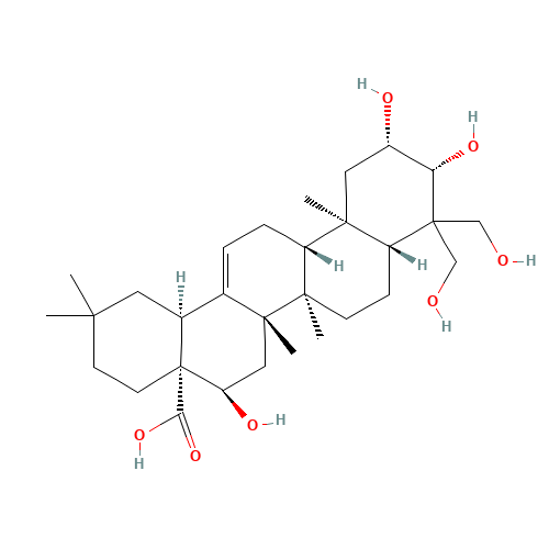 5,10,11-trihydroxy-9,9-bis(hydroxymethyl)-2,2,6a,6b,12a-pentamethyl-1,3,4,5,6,6a,7,8,8a,10,11,12,13,14b-tetradecahydropicene-4a-carboxylic acid (CAS: 22327-82-8) - Chemical Structure and Molecular Formula 