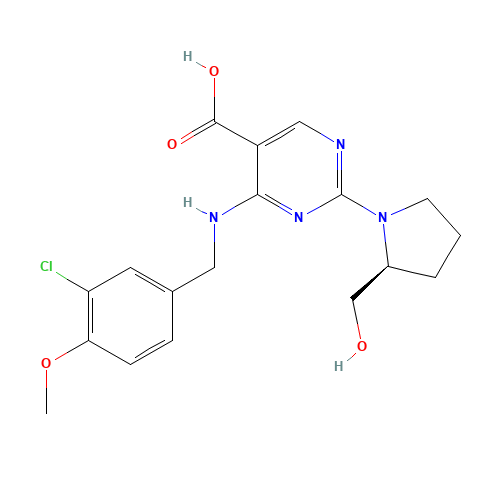 (S)-4-((3-Chloro-4-methoxybenzyl)amino)-2-(2-(hydroxymethyl)pyrrolidin-1-yl)pyrimidine-5-carboxylic acid (CAS: 330785-84-7) - Chemical Structure and Molecular Formula 
