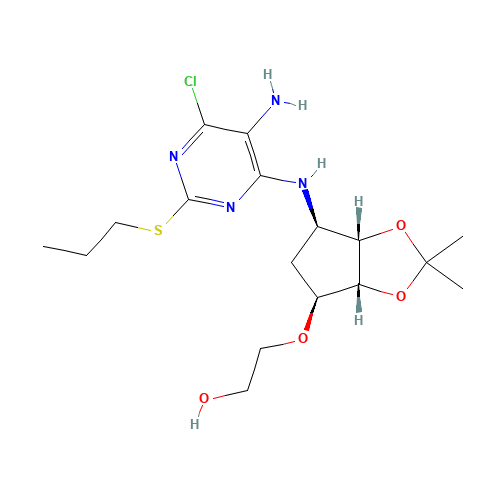 2-[((3aR,4S,6R,6aS)-6-{[5-amino-6-chloro-2-(propylsulfanyl)-4-pyrimidinyl]amino}-2,2-dimethyltetrahydro-3aH-cyclopenta[d][1,3]dioxol-4-yl)oxy]-1-ethanol (CAS: 376608-74-1) - Chemical Structure and Molecular Formula 