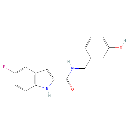 5-fluoro-N-[(3-hydroxyphenyl)methyl]-1H-indole-2-carboxamide (CAS: 518058-84-9) - Chemical Structure and Molecular Formula 