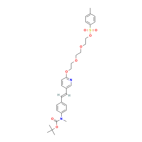 (E)-2-[2-[2-[5-[4-[tert-butoxycarbonyl[methyl]amino]styryl]pyridine-2-yloxy]ethoxy]ethoxy]ethyl 4-methylbenzenesulfonate (CAS: 1205550-99-7) - Chemical Structure and Molecular Formula 