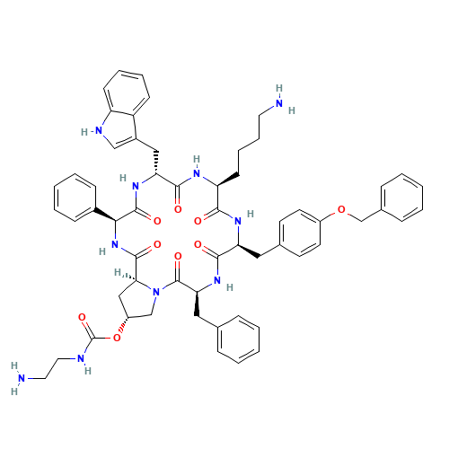 [(3S,6S,9S,12R,15S,18S,20R)-9-(4-aminobutyl)-3-benzyl-12-(1H-indol-3-ylmethyl)-2,5,8,11,14,17-hexaoxo-15-phenyl-6-[(4-phenylmethoxyphenyl)methyl]-1,4,7,10,13,16-hexazabicyclo[16.3.0]henicosan-20-yl] N-(2-aminoethyl)carbamate (CAS: 396091-73-9) - Chemical Structure and Molecular Formula 