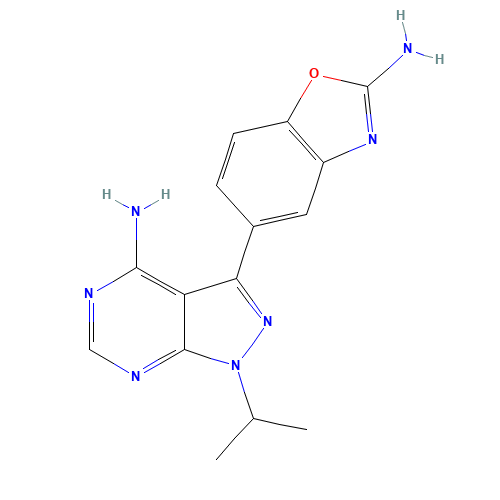 5-(4-amino-1-propan-2-ylpyrazolo[3,4-d]pyrimidin-3-yl)-1,3-benzoxazol-2-amine (CAS: 1224844-38-5) - Chemical Structure and Molecular Formula 