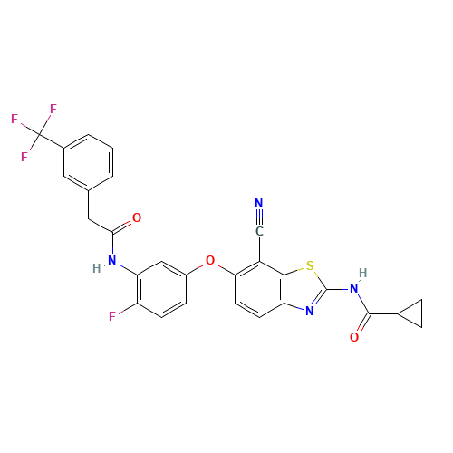 N-[7-cyano-6-[4-fluoro-3-[[2-[3-(trifluoromethyl)phenyl]acetyl]amino]phenoxy]-1,3-benzothiazol-2-yl]cyclopropanecarboxamide (CAS: 1228591-30-7) - Chemical Structure and Molecular Formula 