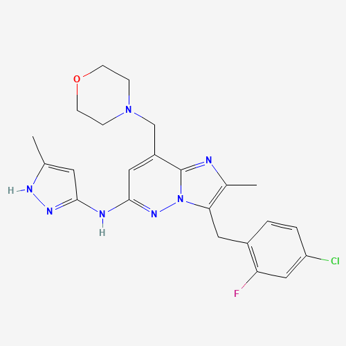 3-[(4-chloro-2-fluorophenyl)methyl]-2-methyl-N-(5-methyl-1H-pyrazol-3-yl)-8-(morpholin-4-ylmethyl)imidazo[1,2-b]pyridazin-6-amine (CAS: 1229236-86-5) - Chemical Structure and Molecular Formula 