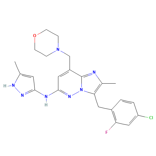 3-[(4-chloro-2-fluorophenyl)methyl]-2-methyl-N-(5-methyl-1H-pyrazol-3-yl)-8-(morpholin-4-ylmethyl)imidazo[1,2-b]pyridazin-6-amine (CAS: 1229236-86-5) - Related Chemical Product