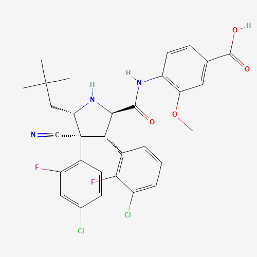 4-[[(2R,3S,4R,5S)-3-(3-chloro-2-fluorophenyl)-4-(4-chloro-2-fluorophenyl)-4-cyano-5-(2,2-dimethylpropyl)pyrrolidine-2-carbonyl]amino]-3-methoxybenzoic acid (CAS: 1229705-06-9) - Chemical Structure and Molecular Formula 