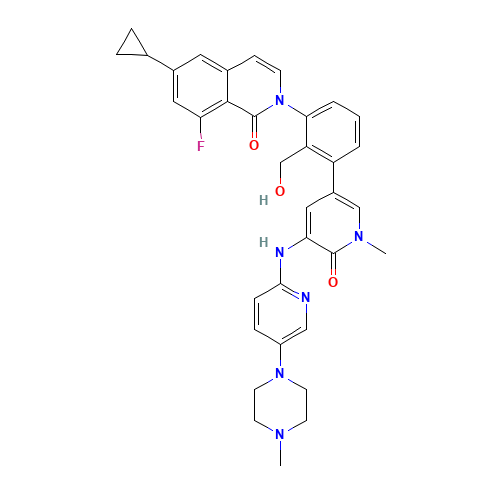 6-cyclopropyl-8-fluoro-2-[2-(hydroxymethyl)-3-[1-methyl-5-[[5-(4-methylpiperazin-1-yl)pyridin-2-yl]amino]-6-oxopyridin-3-yl]phenyl]isoquinolin-1-one (CAS: 1242156-23-5) - Related Chemical Product