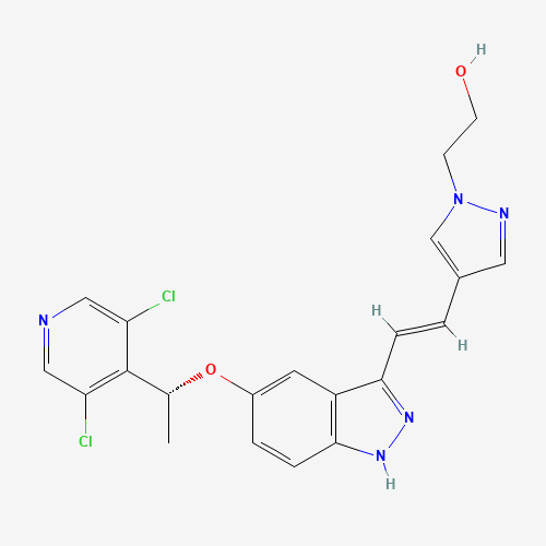 2-[4-[(E)-2-[5-[(1R)-1-(3,5-dichloropyridin-4-yl)ethoxy]-1H-indazol-3-yl]ethenyl]pyrazol-1-yl]ethanol (CAS: 1254473-64-7) - Chemical Structure and Molecular Formula 