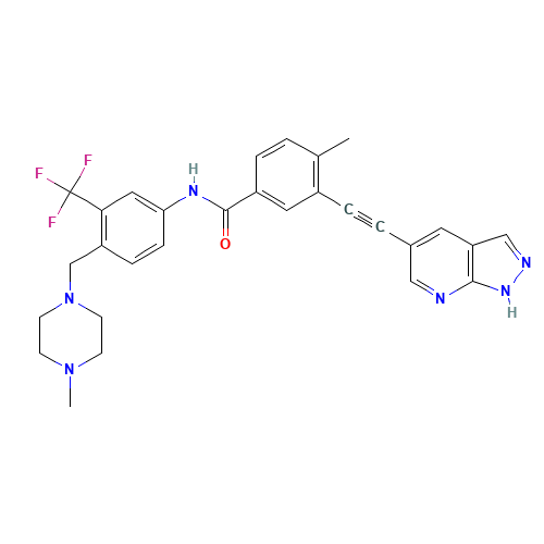 4-methyl-N-[4-[(4-methylpiperazin-1-yl)methyl]-3-(trifluoromethyl)phenyl]-3-[2-(1H-pyrazolo[3,4-b]pyridin-5-yl)ethynyl]benzamide (CAS: 1257628-77-5) - Chemical Structure and Molecular Formula 