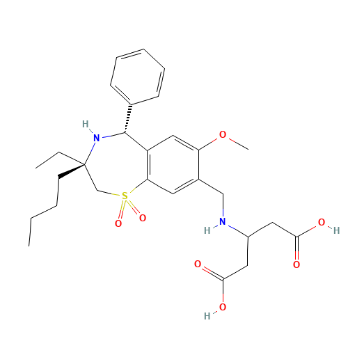 3-[[(3R,5R)-3-butyl-3-ethyl-7-methoxy-1,1-dioxo-5-phenyl-4,5-dihydro-2H-1$l^{6},4-benzothiazepin-8-yl]methylamino]pentanedioic acid (CAS: 1345982-69-5) - Chemical Structure and Molecular Formula 