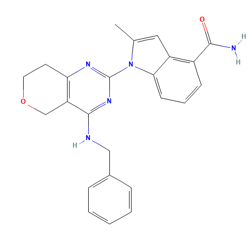 1-[4-(benzylamino)-7,8-dihydro-5H-pyrano[4,3-d]pyrimidin-2-yl]-2-methylindole-4-carboxamide (CAS: 1542705-92-9) - Chemical Structure and Molecular Formula 