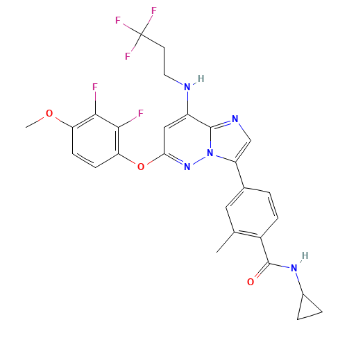 N-cyclopropyl-4-[6-(2,3-difluoro-4-methoxyphenoxy)-8-(3,3,3-trifluoropropylamino)imidazo[1,2-b]pyridazin-3-yl]-2-methylbenzamide (CAS: 1554458-53-5) - Chemical Structure and Molecular Formula 