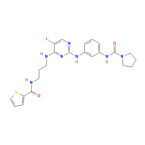 N-[3-[[5-iodo-4-[3-(thiophene-2-carbonylamino)propylamino]pyrimidin-2-yl]amino]phenyl]pyrrolidine-1-carboxamide (CAS: 702675-74-9) - Chemical Structure and Molecular Formula 