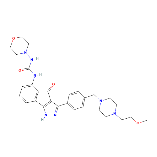 1-[3-[4-[[4-(2-methoxyethyl)piperazin-1-yl]methyl]phenyl]-4-oxo-1H-indeno[1,2-c]pyrazol-5-yl]-3-morpholin-4-ylurea (CAS: 784210-88-4) - Related Chemical Product
