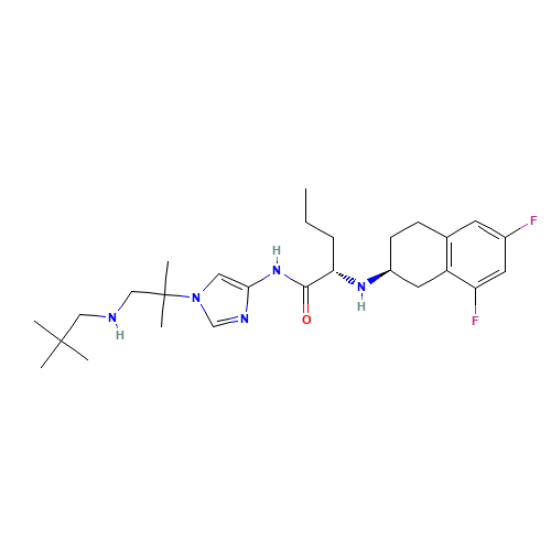 (2S)-2-[[(2S)-6,8-difluoro-1,2,3,4-tetrahydronaphthalen-2-yl]amino]-N-[1-[1-(2,2-dimethylpropylamino)-2-methylpropan-2-yl]imidazol-4-yl]pentanamide (CAS: 865773-15-5) - Chemical Structure and Molecular Formula 