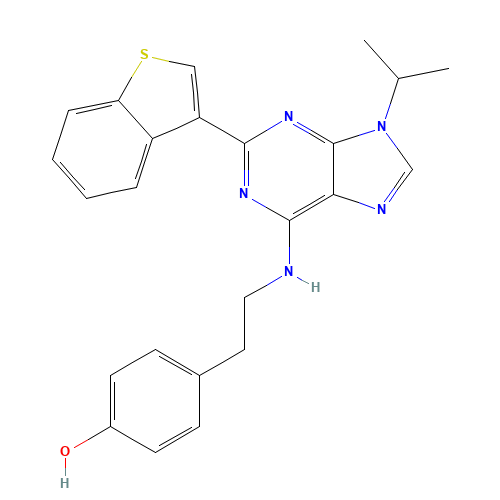 4-[2-[[2-(1-benzothiophen-3-yl)-9-propan-2-ylpurin-6-yl]amino]ethyl]phenol (CAS: 1227633-49-9) - Chemical Structure and Molecular Formula 