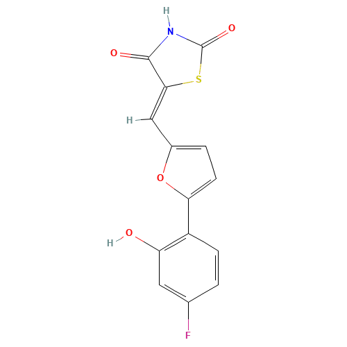 (5E)-5-[[5-(4-fluoro-2-hydroxyphenyl)furan-2-yl]methylidene]-1,3-thiazolidine-2,4-dione (CAS: 900515-16-4) - Related Chemical Product