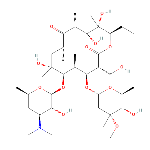 (3R,4S,5S,6R,7R,9R,11R,12R,13S,14R)-6-[(2S,3R,4S,6R)-4-(dimethylamino)-3-hydroxy-6-methyloxan-2-yl]oxy-14-ethyl-7,12,13-trihydroxy-4-[(2R,4R,5S,6S)-5-hydroxy-4-methoxy-4,6-dimethyloxan-2-yl]oxy-3-(hydroxymethyl)-5,7,9,11,13-pentamethyl-oxacyclotetradecane-2,10-dione (CAS: 82230-93-1) - Chemical Structure and Molecular Formula 