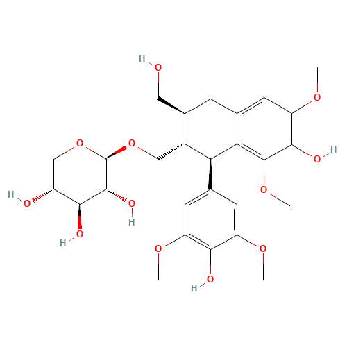 (2R,3R,4S,5R)-2-[[(1R,2S,3S)-7-hydroxy-1-(4-hydroxy-3,5-dimethoxyphenyl)-3-(hydroxymethyl)-6,8-dimethoxy-1,2,3,4-tetrahydronaphthalen-2-yl]methoxy]oxane-3,4,5-triol (CAS: 62058-46-2) - Chemical Structure and Molecular Formula 