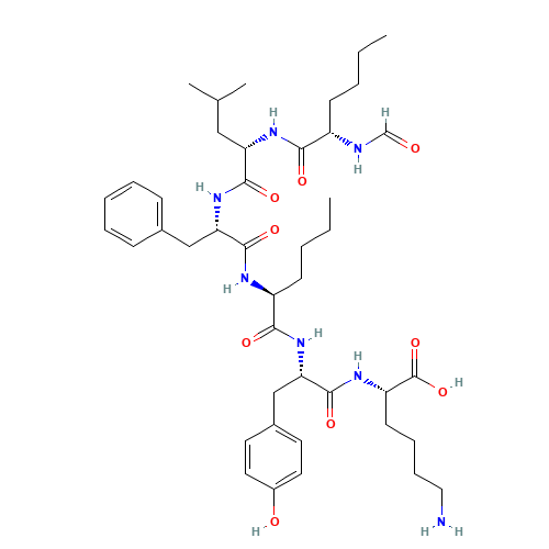 (2S)-6-amino-2-[[(2S)-2-[[(2S)-2-[[(2S)-2-[[(2S)-2-[[(2S)-2-formamidohexanoyl]amino]-4-methylpentanoyl]amino]-3-phenylpropanoyl]amino]hexanoyl]amino]-3-(4-hydroxyphenyl)propanoyl]amino]hexanoic acid (CAS: 71901-21-8) - Chemical Structure and Molecular Formula 