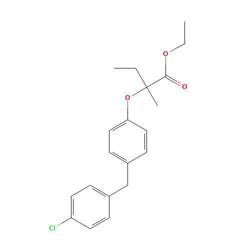 ethyl 2-[4-[(4-chlorophenyl)methyl]phenoxy]-2-methylbutanoate (CAS: 55937-99-0) - Chemical Structure and Molecular Formula 