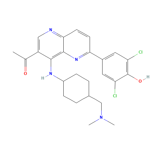 4-[7-acetyl-8-[[4-[(dimethylamino)methyl]cyclohexyl]amino]-1H-1,5-naphthyridin-2-ylidene]-2,6-dichlorocyclohexa-2,5-dien-1-one (CAS: 1431697-89-0) - Chemical Structure and Molecular Formula 
