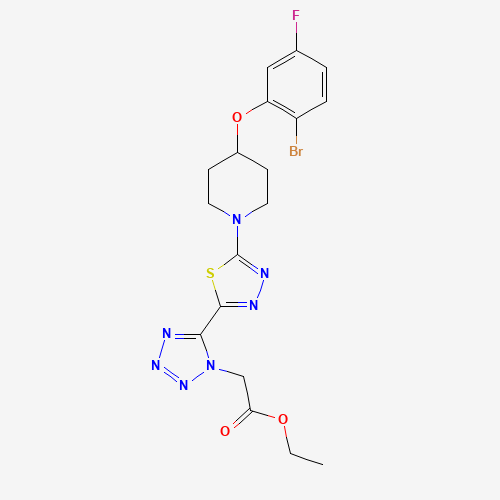 ethyl 2-[5-[5-[4-(2-bromo-5-fluorophenoxy)piperidin-1-yl]-1,3,4-thiadiazol-2-yl]tetrazol-1-yl]acetate (CAS: 1030613-24-1) - Chemical Structure and Molecular Formula 