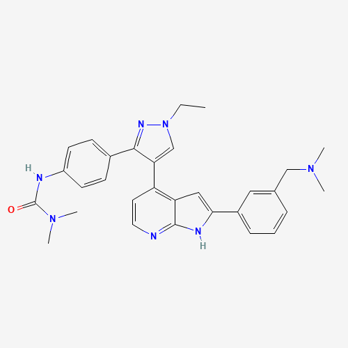 3-[4-[4-[2-[3-[(dimethylamino)methyl]phenyl]-1H-pyrrolo[2,3-b]pyridin-4-yl]-1-ethylpyrazol-3-yl]phenyl]-1,1-dimethylurea (CAS: 942918-07-2) - Chemical Structure and Molecular Formula 