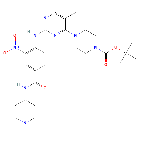 tert-butyl 4-[5-methyl-2-[4-[(1-methylpiperidin-4-yl)carbamoyl]-2-nitroanilino]pyrimidin-4-yl]piperazine-1-carboxylate (CAS: 1538605-55-8) - Chemical Structure and Molecular Formula 