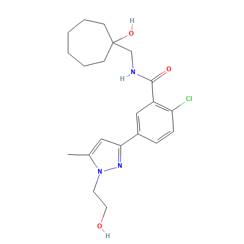 2-chloro-N-[(1-hydroxycycloheptyl)methyl]-5-[1-(2-hydroxyethyl)-5-methylpyrazol-3-yl]benzamide (CAS: 792911-66-1) - Related Chemical Product