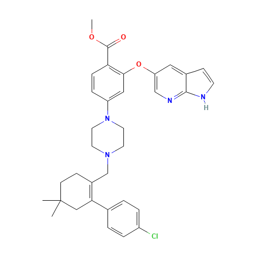 methyl 4-[4-[[2-(4-chlorophenyl)-4,4-dimethylcyclohexen-1-yl]methyl]piperazin-1-yl]-2-(1H-pyrrolo[2,3-b]pyridin-5-yloxy)benzoate (CAS: 1235865-76-5) - Chemical Structure and Molecular Formula 