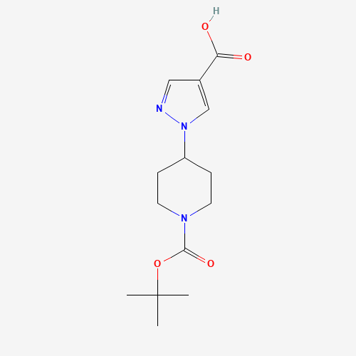 1-[1-[(2-methylpropan-2-yl)oxycarbonyl]piperidin-4-yl]pyrazole-4-carboxylic acid (CAS: 1034976-50-5) - Chemical Structure and Molecular Formula 
