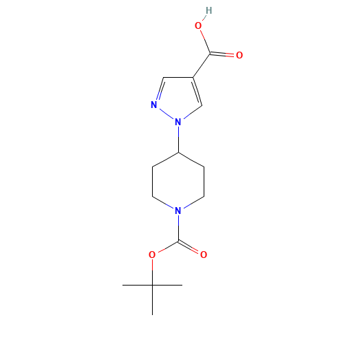 1-[1-[(2-methylpropan-2-yl)oxycarbonyl]piperidin-4-yl]pyrazole-4-carboxylic acid (CAS: 1034976-50-5) - Chemical Structure and Molecular Formula 