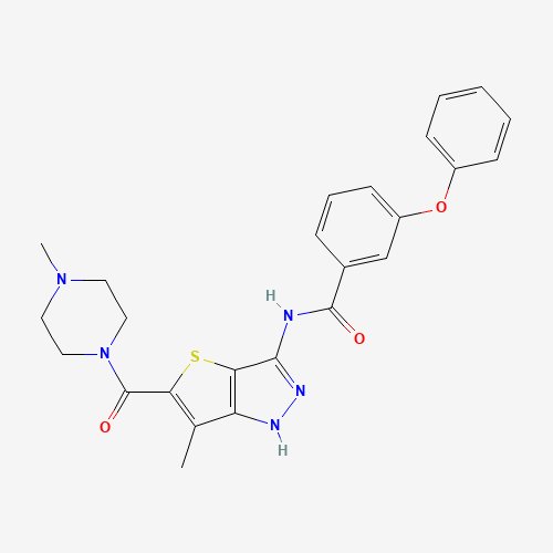 N-[6-methyl-5-(4-methylpiperazine-1-carbonyl)-1H-thieno[3,2-c]pyrazol-3-yl]-3-phenoxybenzamide (CAS: 648412-36-6) - Chemical Structure and Molecular Formula 