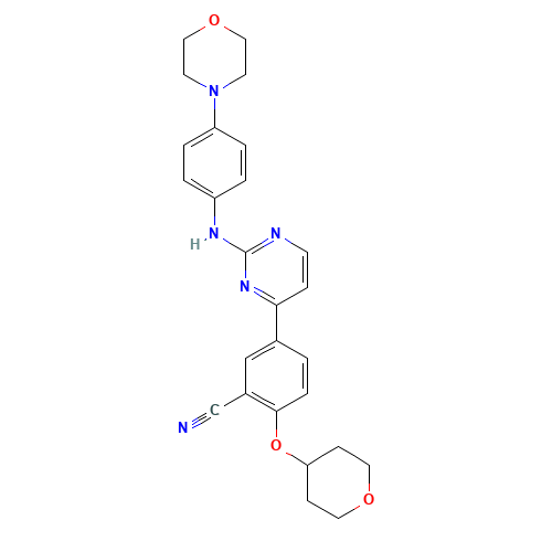 5-[2-(4-morpholin-4-ylanilino)pyrimidin-4-yl]-2-(oxan-4-yloxy)benzonitrile (CAS: 1292310-49-6) - Chemical Structure and Molecular Formula 