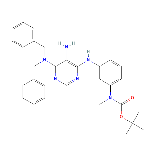 tert-butyl N-[3-[[5-amino-6-(dibenzylamino)pyrimidin-4-yl]amino]phenyl]-N-methylcarbamate (CAS: 1448444-65-2) - Chemical Structure and Molecular Formula 