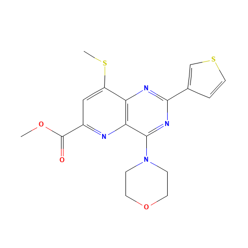 methyl 8-methylsulfanyl-4-morpholin-4-yl-2-thiophen-3-ylpyrido[3,2-d]pyrimidine-6-carboxylate (CAS: 1220113-89-2) - Chemical Structure and Molecular Formula 