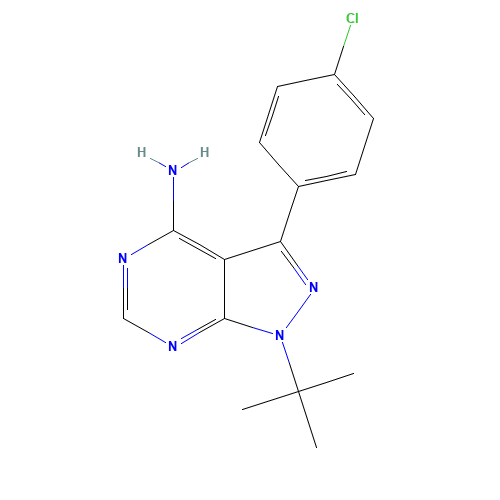 1-tert-butyl-3-(4-chlorophenyl)pyrazolo[3,4-d]pyrimidin-4-amine (CAS: 172889-27-9) - Chemical Structure and Molecular Formula 
